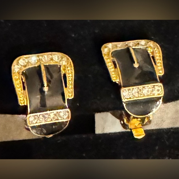 Vintage Gold-Tone Belt Buckle Clip Earrings with Rhinestone Detailing - Picture 1 of 5